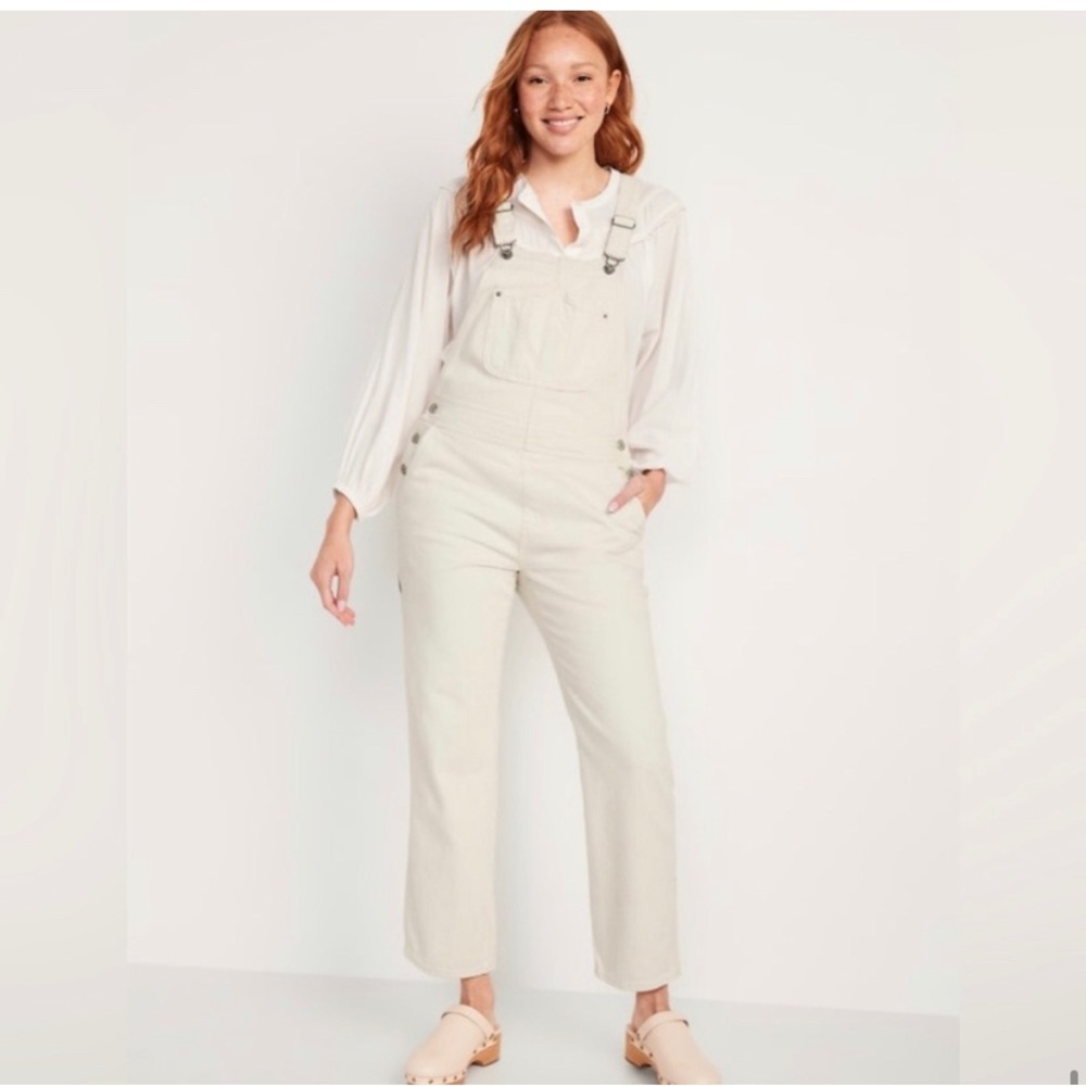 Old Navy Cream Slouchy Straight Ecru-Wash Workwear Jean Overalls